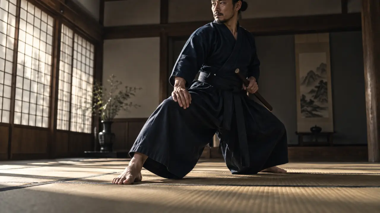 Pratiquant de tanto-jutsu travaillant ses appuis sur un tatami sombre