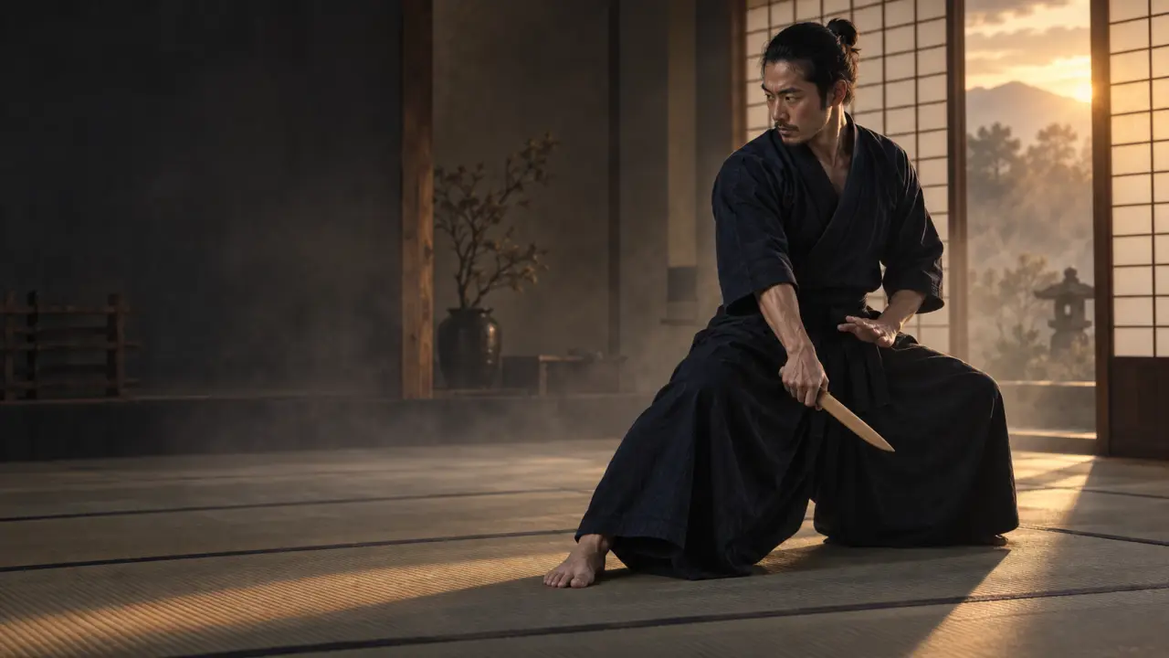 Pratiquant de tanto-jutsu travaillant une posture avec un tanto d'entraînement dans un dojo sombre