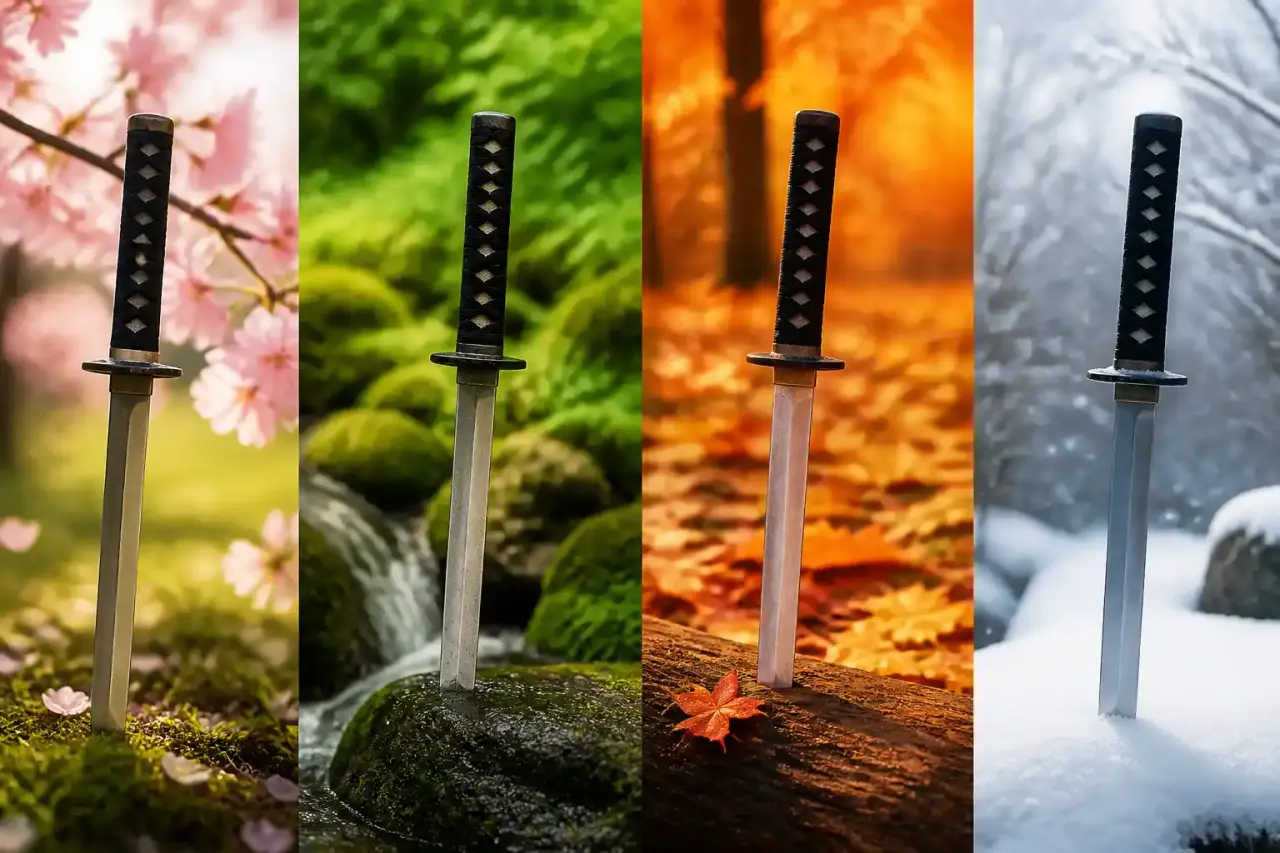 Pratiquant de tanto-jutsu s'entraînant en extérieur sous une lumière hivernale