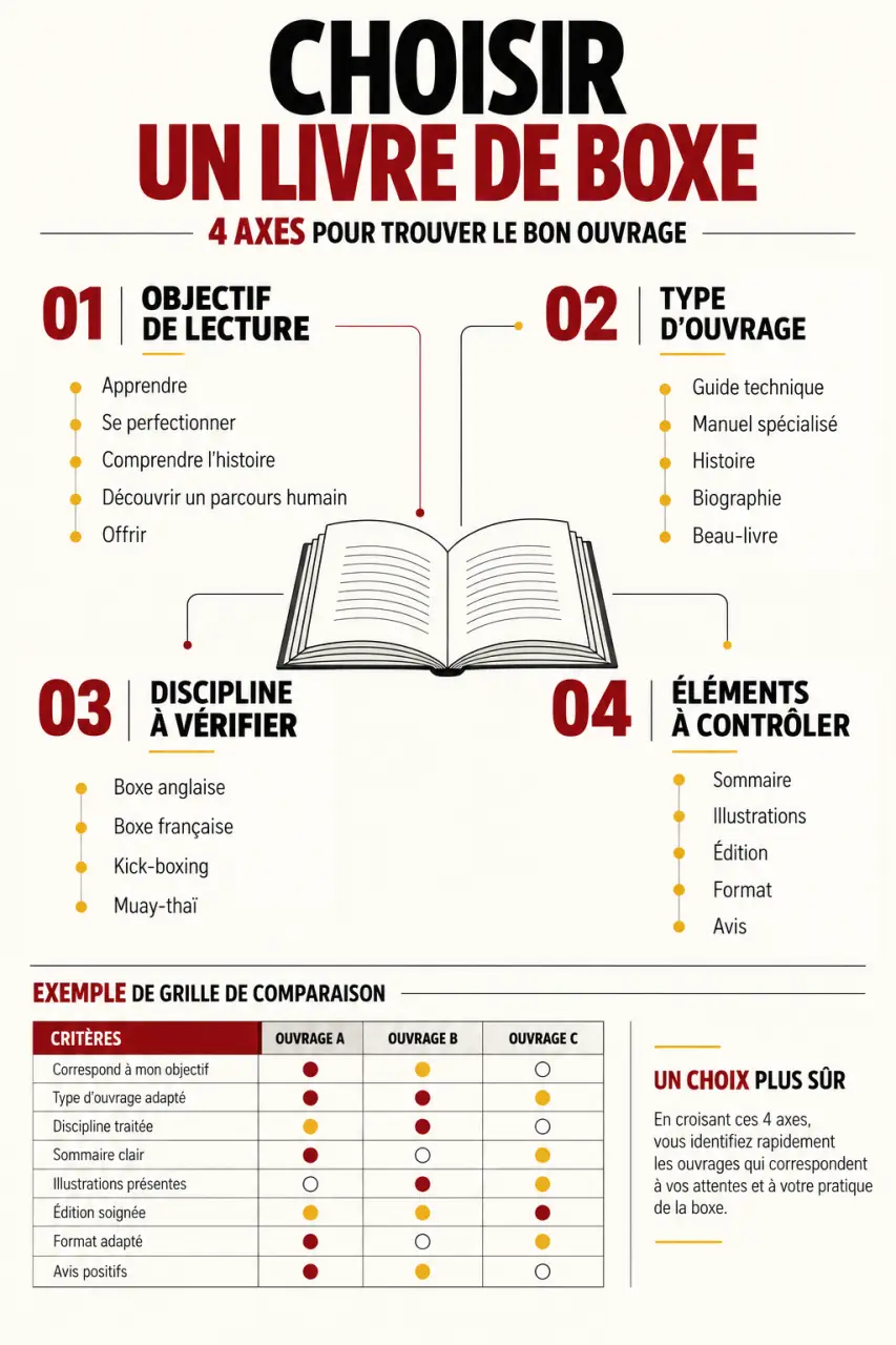 Infographie pour choisir un livre boxe selon son objectif, sa discipline et son niveau