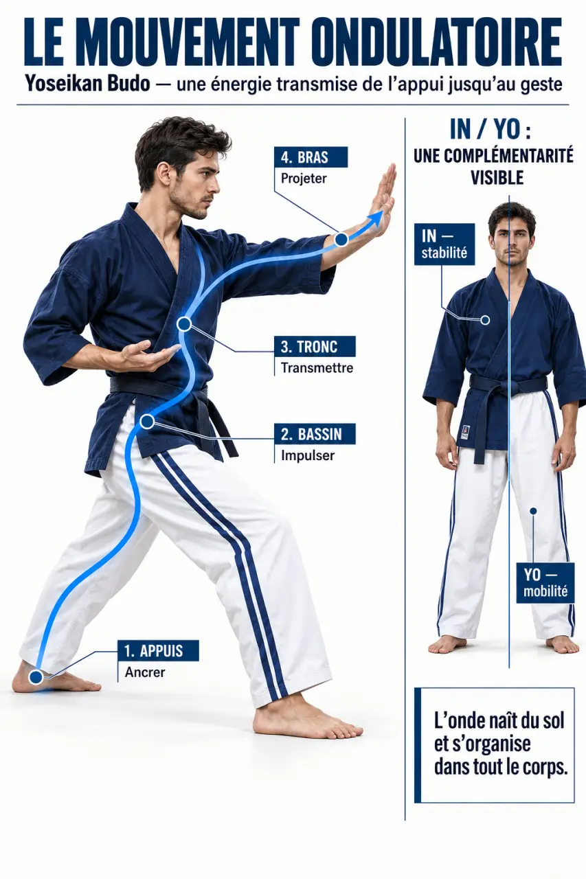 Infographie du mouvement ondulatoire du yoseikan budo et de la symbolique In Yo