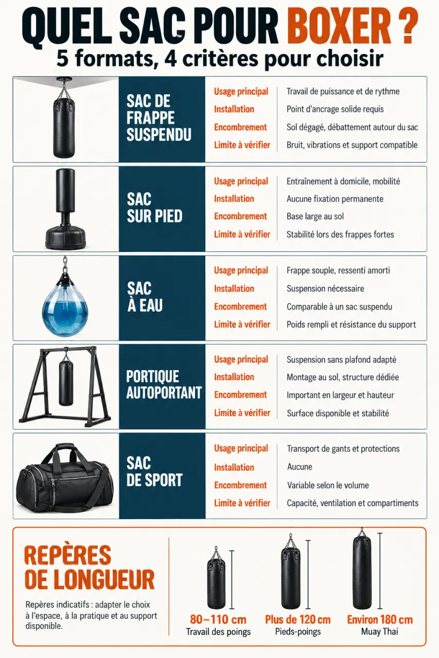 Infographie comparative des types de sac pour boxeur et de leurs longueurs selon la pratique