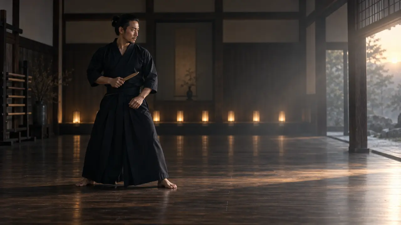 Pratiquant de tanto-jutsu travaillant une posture avec un tanto d'entraînement dans un dojo sombre