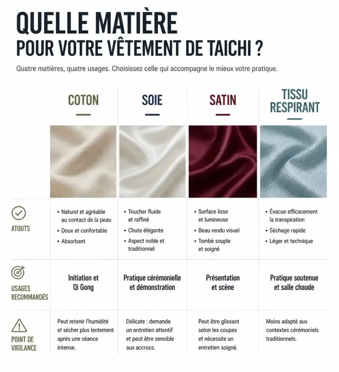 Comparaison des matières pour un vêtement taichi : coton, soie, satin et tissu respirant