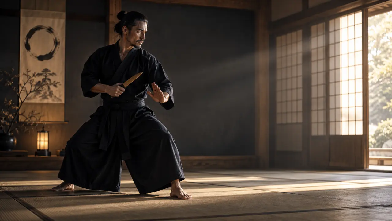 Pratiquant de tanto-jutsu travaillant une garde stable dans un dojo sombre