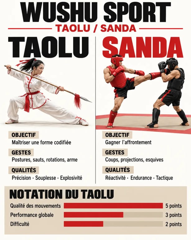 Infographie du wushu sport comparant le taolu, le sanda et les critères de notation
