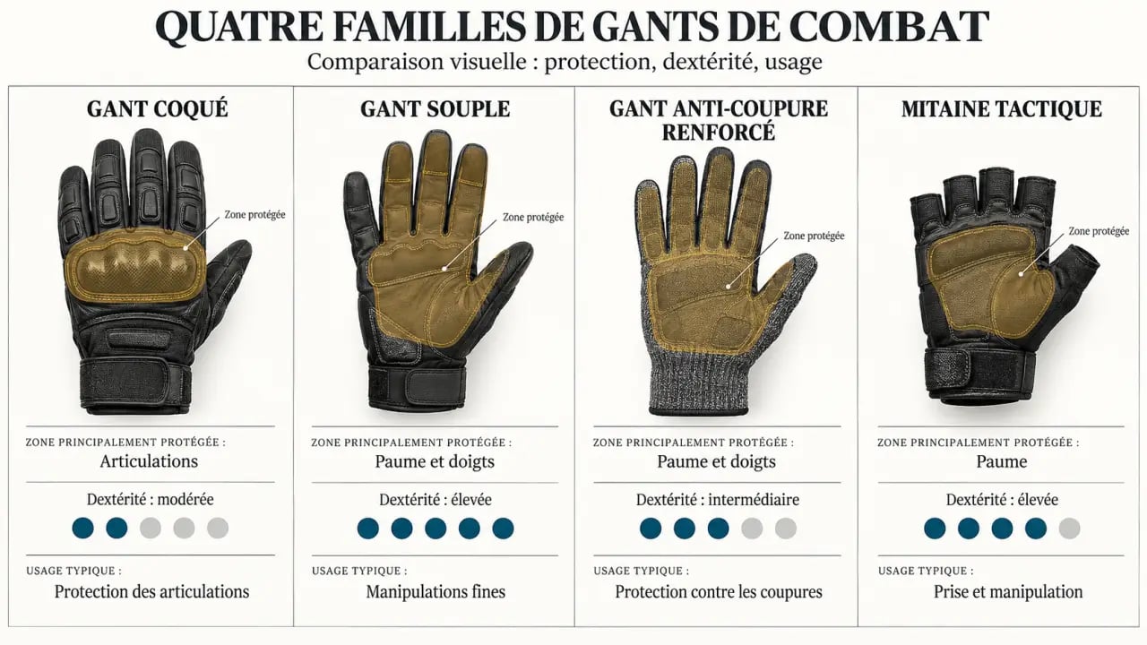 Infographie comparative des gants de combat coqués, souples, anti-coupure et mitaines tactiques