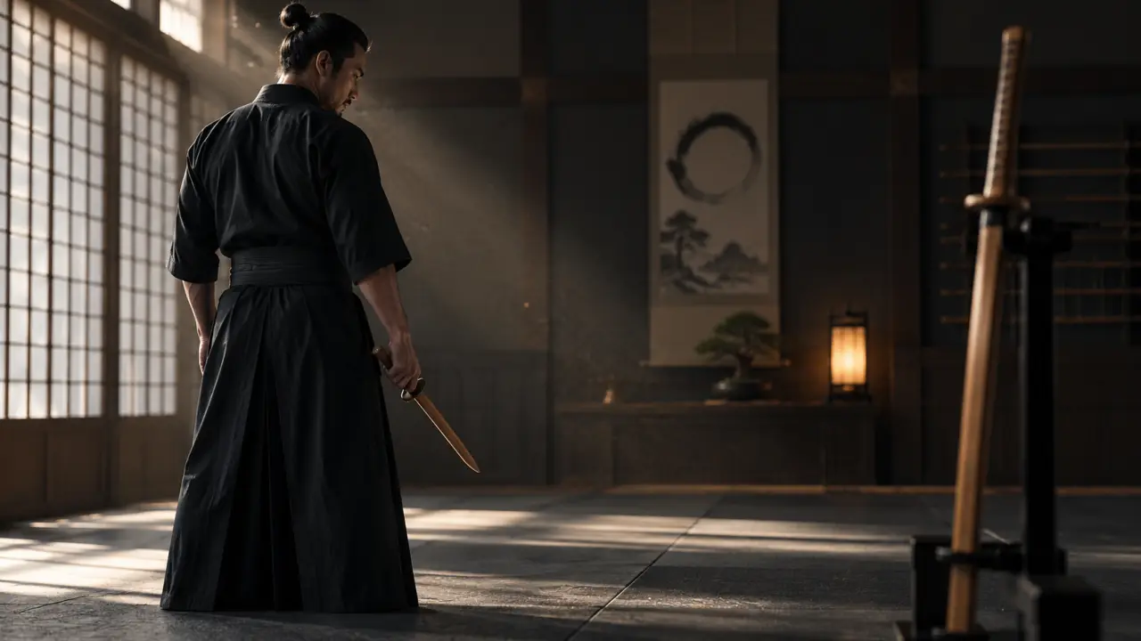 Pratiquant de tanto-jutsu dans un dojo sombre avec une lame courte d'entraînement
