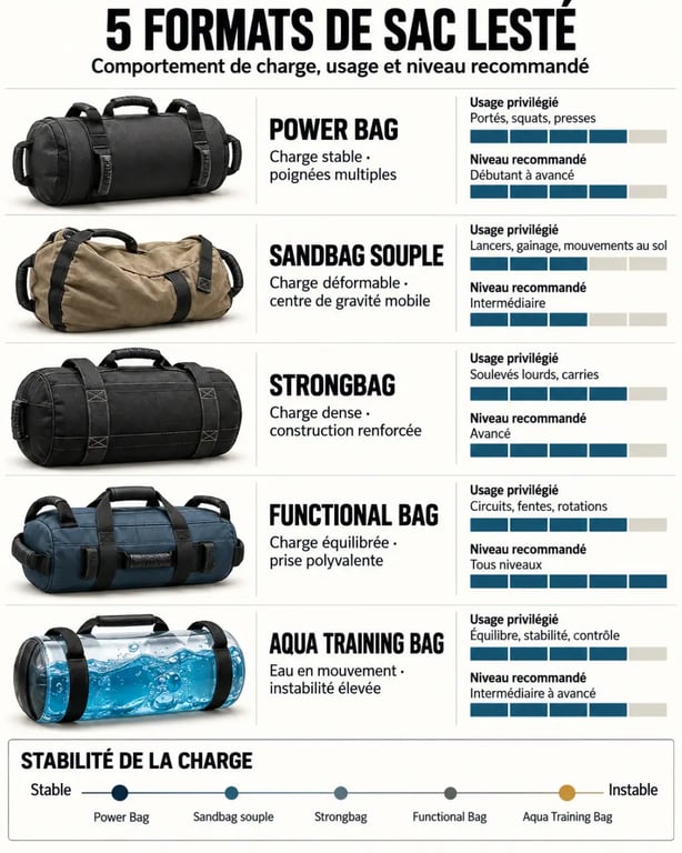 Infographie comparative des différents formats de sac lesté et de leurs usages
