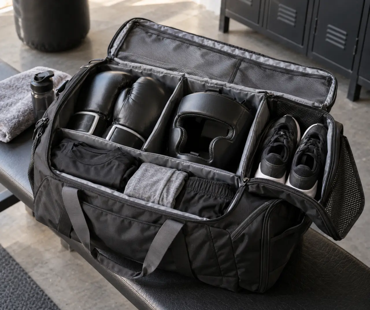 Le sac de sport boxe doit séparer gants, casque, chaussures et vêtements