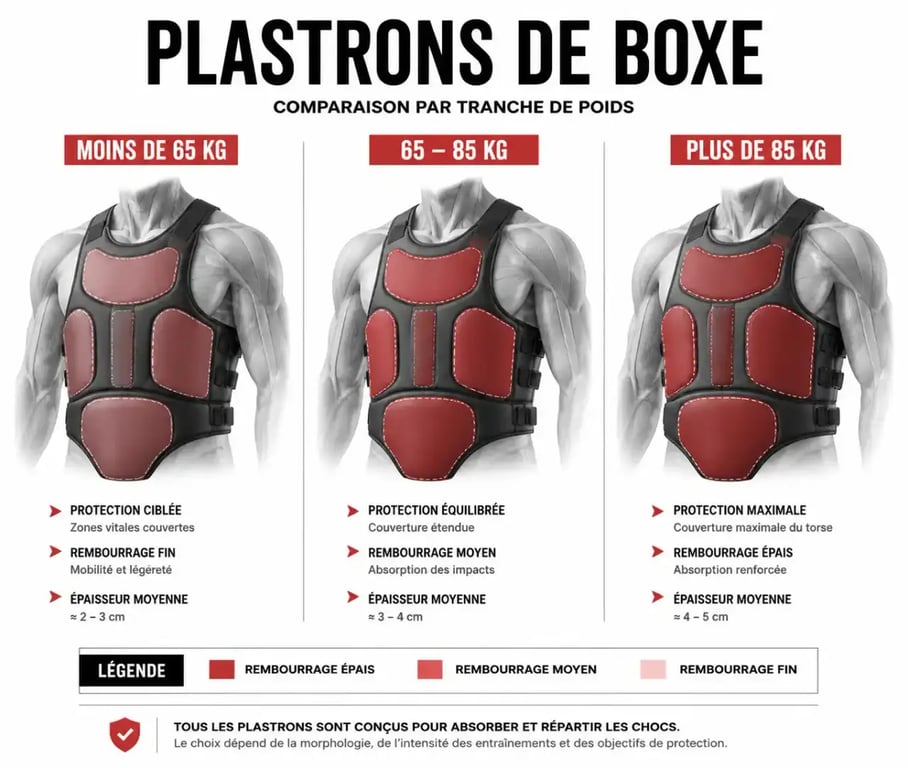 Plastron boxe tailles selon tranche de poids comparées en infographie