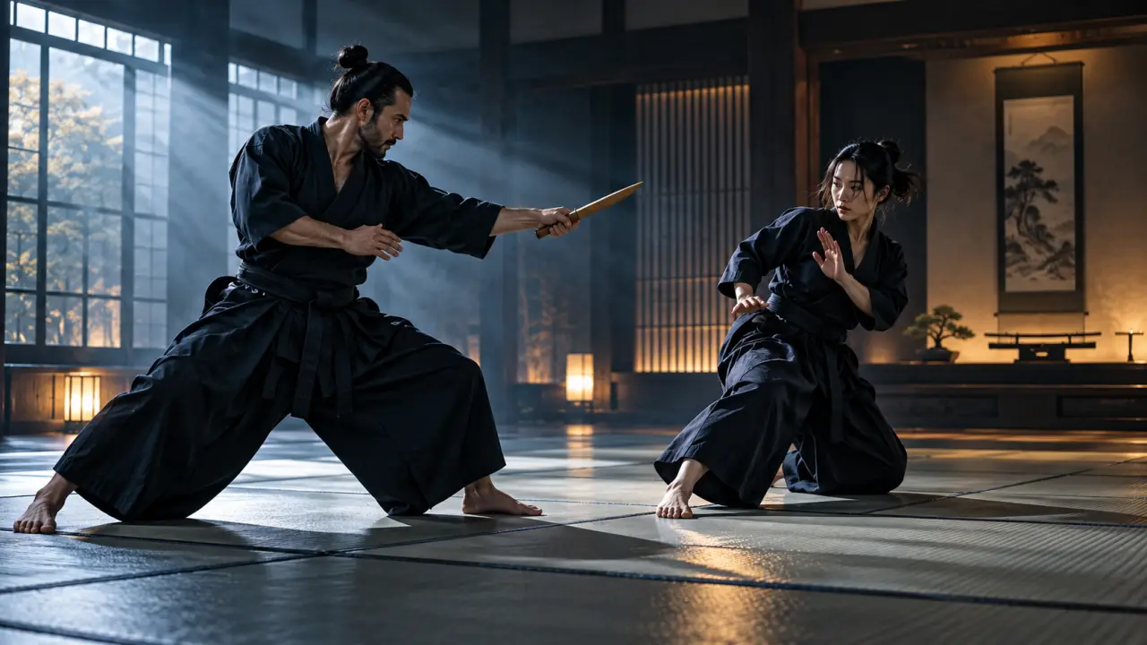 Tanto posé sur un tatami sombre dans un dojo à l'éclairage dramatique