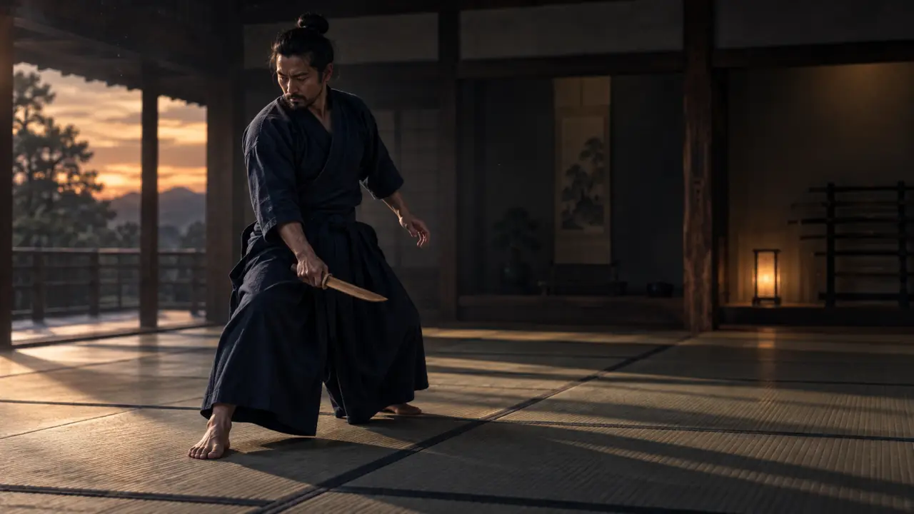 Pratiquant de tanto-jutsu travaillant ses appuis sur un tatami sombre