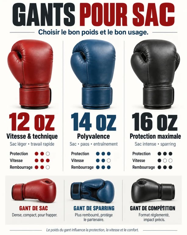 Infographie comparative sur le gant pour sac de frappe selon le poids et l’usage