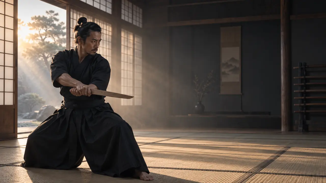 Pratiquant de tanto-jutsu tenant un tanto en bois dans un dojo sombre