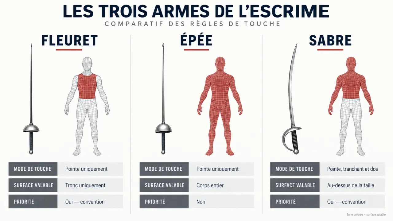 Infographie comparative des trois armes d'escrime : fleuret, épée et sabre