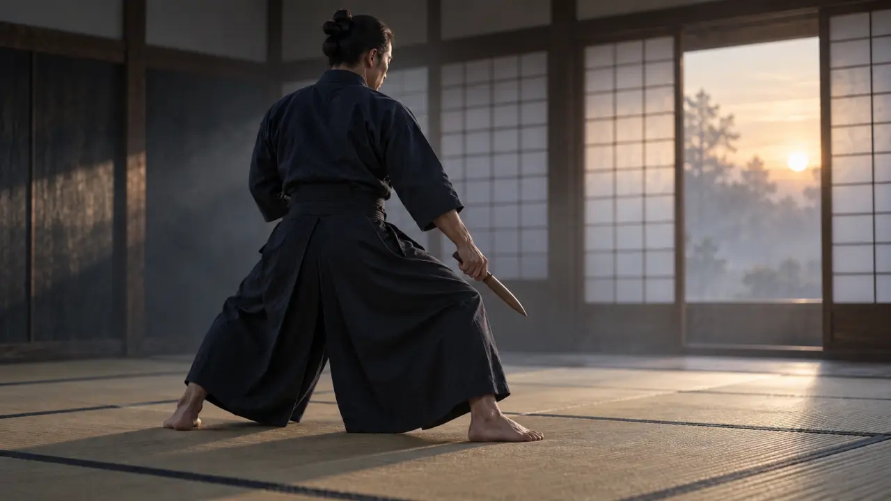 Pratiquant de tanto-jutsu travaillant ses appuis sur un tatami sombre